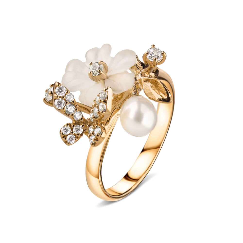 Серебряное кольцо с позолотой "Цветы" с жемчужинами 12900823.271.006881k_ru