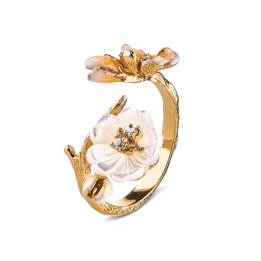 Серебряное кольцо с позолотой и керамикой "Цветы" 12900822.271.007204k_ru