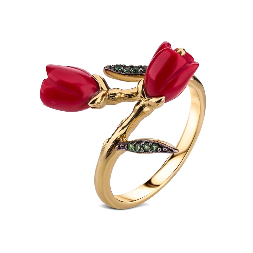 Серебряное кольцо с позолотой и кораллом "Тюльпан" 13100823.271.007010k_ru
